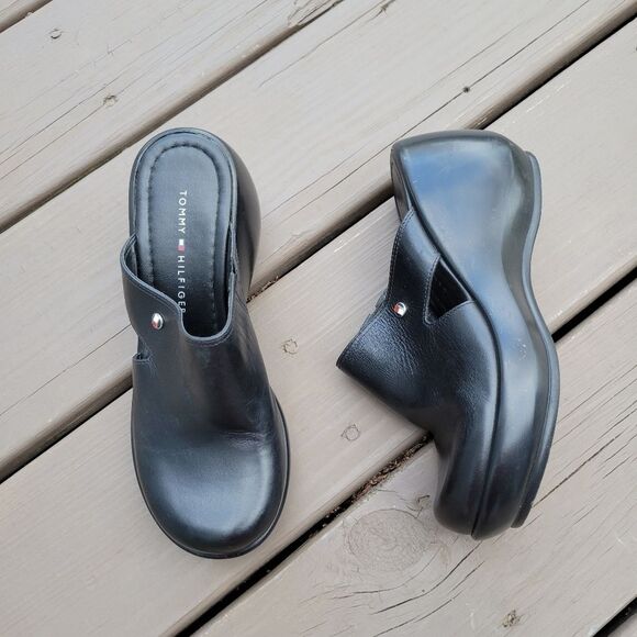 Vintage 90s y2k Tommy Hilfiger Bratz Black Leather Platform Wedge Chunky Mules 6 - Picture 9 of 9